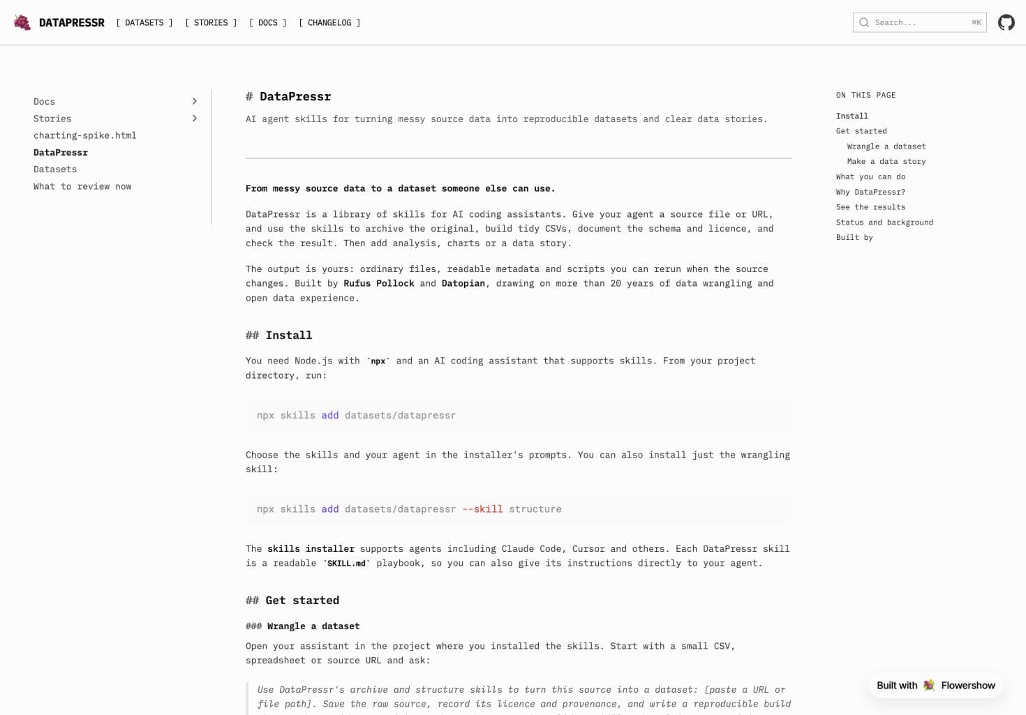 The DataPressr homepage in the monospace theme, with installation commands and separate dataset and data-story starting points.