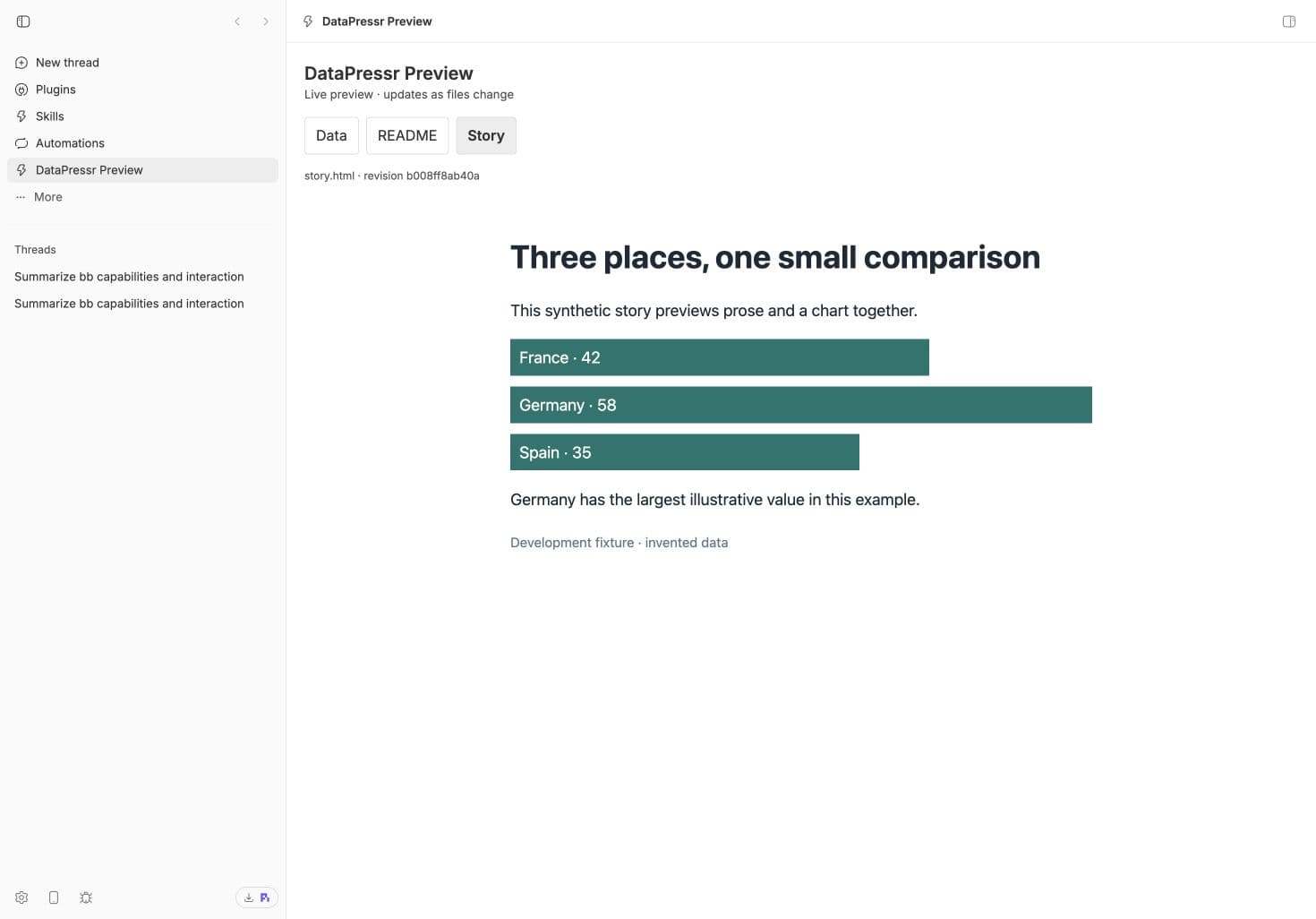 DataPressr's BB prototype showing a story and chart, with Data and README previews available